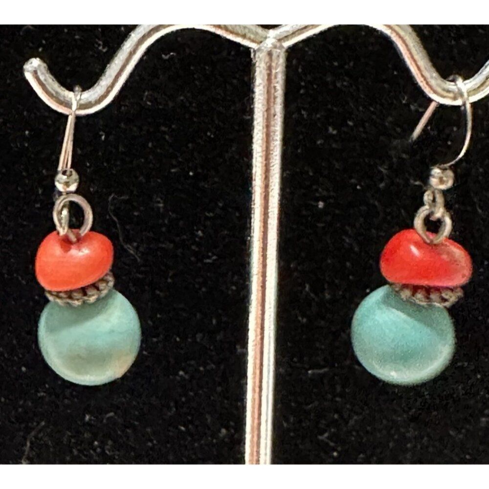 Silver Tone Faux Turquoise / Coral Dangle Earrings Hook Midwestern